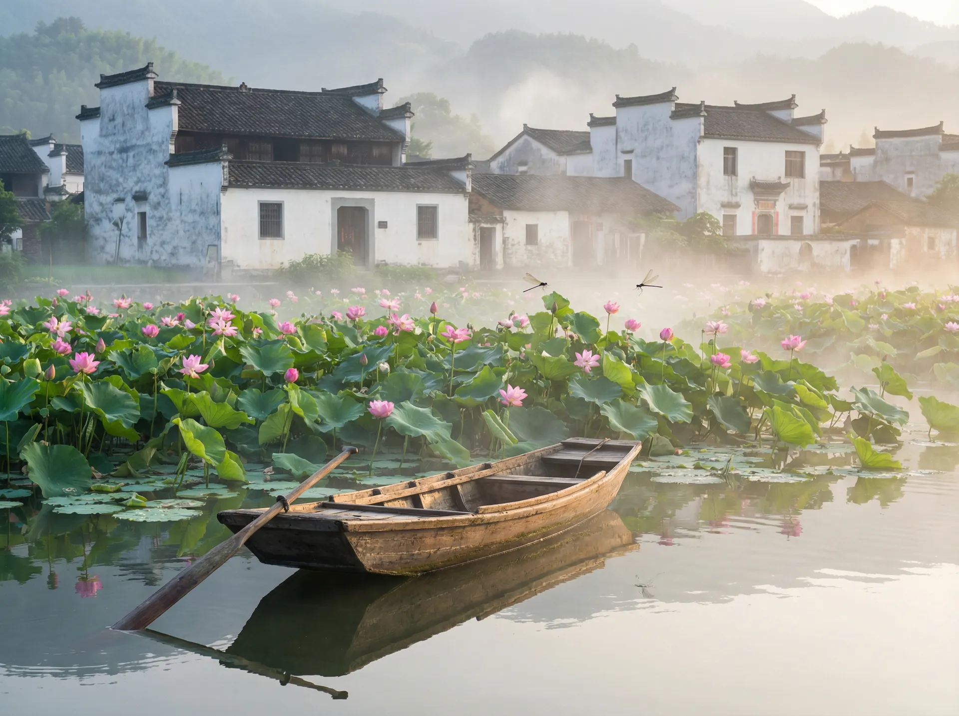 清晨荷塘小舟，粉色荷花盛开，白墙黑瓦的村庄 - 欧美69vivo 水乡风情